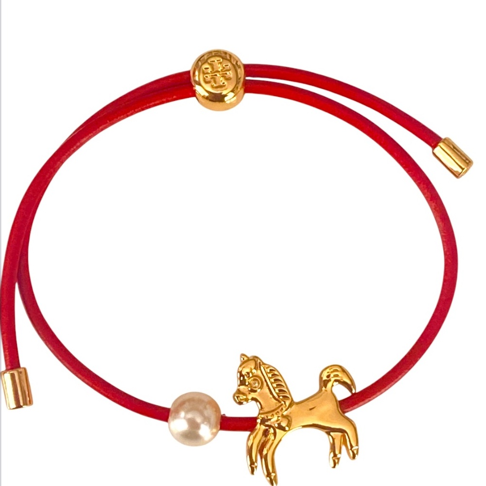 NEW Tory Burch Curiosity Horse Red Leather Slider Bracelet w Tag/Dust Bag